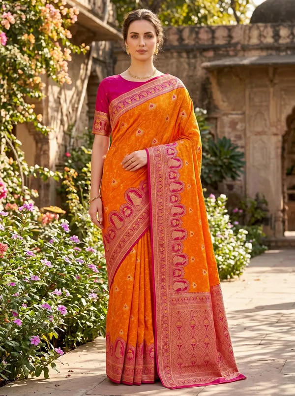 Orange_Banarasi_Silk_Saree_with_Pink_Border,_Jacquard_Weaving_&_Gold_Zari