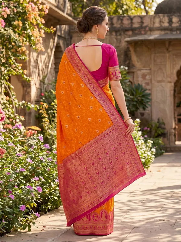 Orange_Banarasi_Silk_Saree_with_Pink_Border,_Jacquard_Weaving_&_Gold_Zari