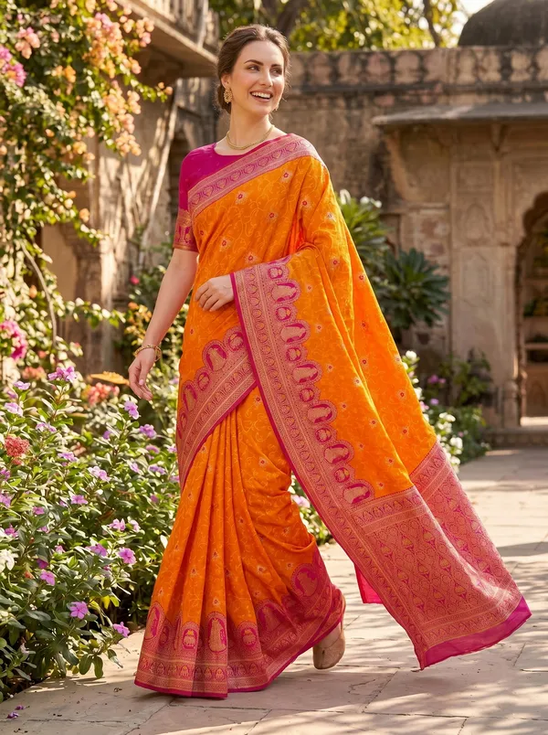Orange_Banarasi_Silk_Saree_with_Pink_Border,_Jacquard_Weaving_&_Gold_Zari