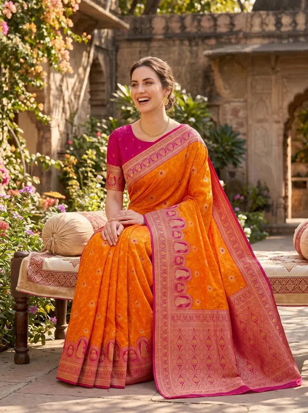 Orange_Banarasi_Silk_Saree_with_Pink_Border,_Jacquard_Weaving_&_Gold_Zari