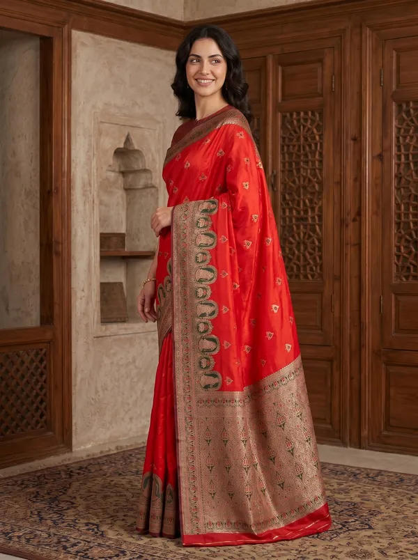 Vibrant_Red_Banarasi_Silk_Saree_with_Gold_Zari_&_Meenakari_Jacquard_Weave