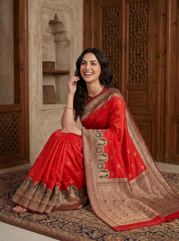 Vibrant_Red_Banarasi_Silk_Saree_with_Gold_Zari_&_Meenakari_Jacquard_Weave