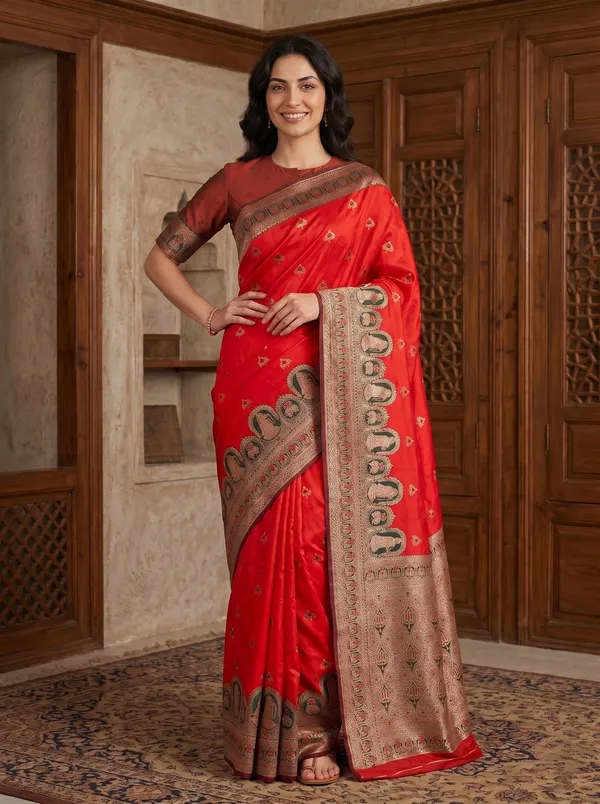 Vibrant_Red_Banarasi_Silk_Saree_with_Gold_Zari_&_Meenakari_Jacquard_Weave