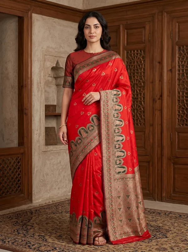 Vibrant_Red_Banarasi_Silk_Saree_with_Gold_Zari_&_Meenakari_Jacquard_Weave
