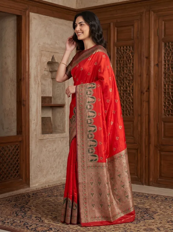 Vibrant_Red_Banarasi_Silk_Saree_with_Gold_Zari_&_Meenakari_Jacquard_Weave