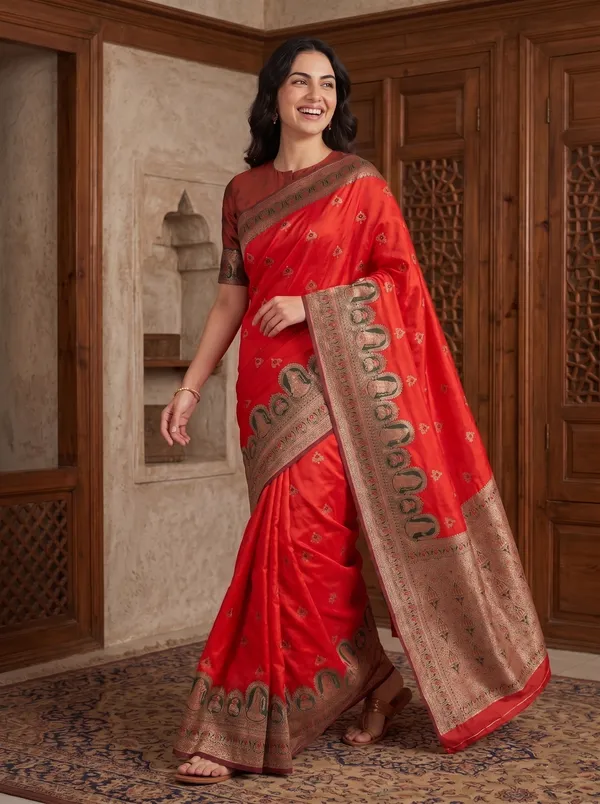 Vibrant_Red_Banarasi_Silk_Saree_with_Gold_Zari_&_Meenakari_Jacquard_Weave