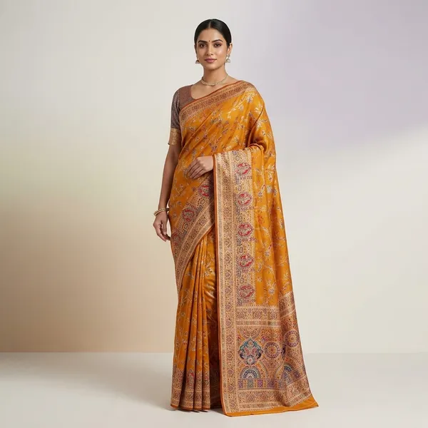 Mustard_Semi_Pashmina_Banarasi_Jacquard_Woven_Saree_For_Women_|_With_Blouse_Piece
