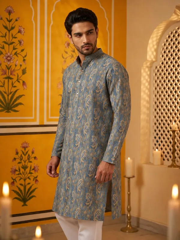 Multicolor_Rayon_Paisley_Print_Mandarin_Collar_Long_Kurta_For_Men