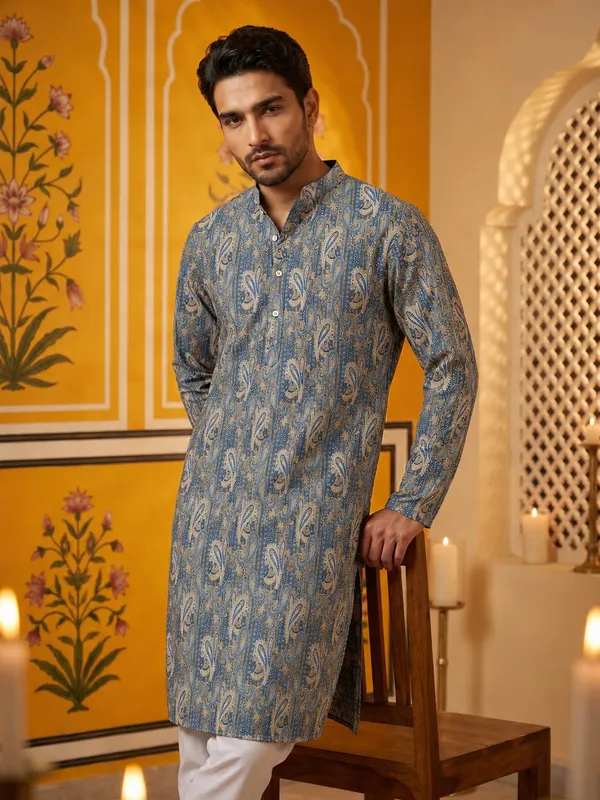 Multicolor_Rayon_Paisley_Print_Mandarin_Collar_Long_Kurta_For_Men