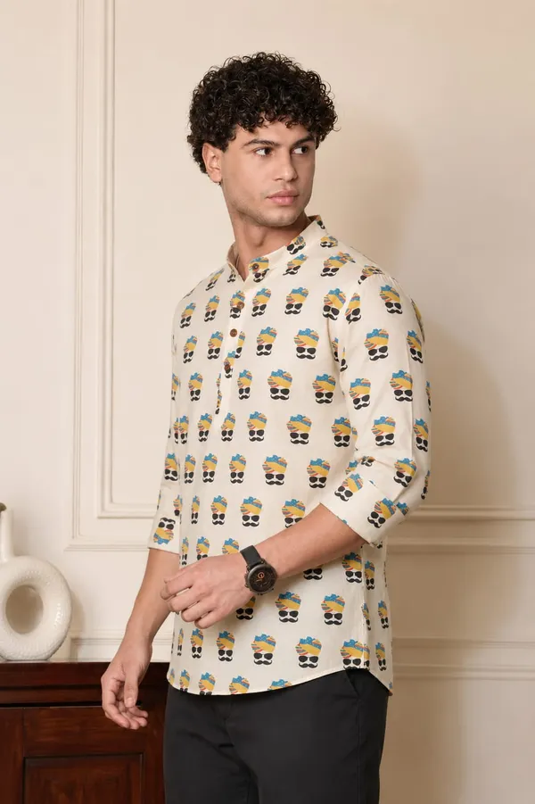 White_Linen_Quirky_Mustache_Print_Full_Sleeve_Kurta_For_Men