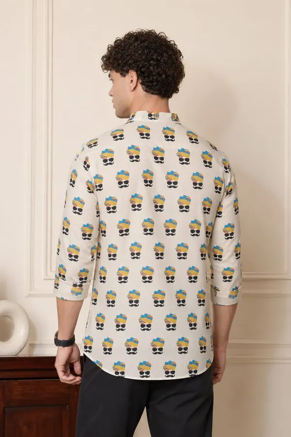 White_Linen_Quirky_Mustache_Print_Full_Sleeve_Kurta_For_Men