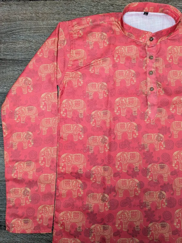 Red_Linen_Elephant_Print_Mandarin_Collar_Kurta_For_Men