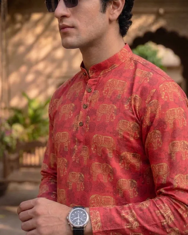 Red_Linen_Elephant_Print_Mandarin_Collar_Kurta_For_Men
