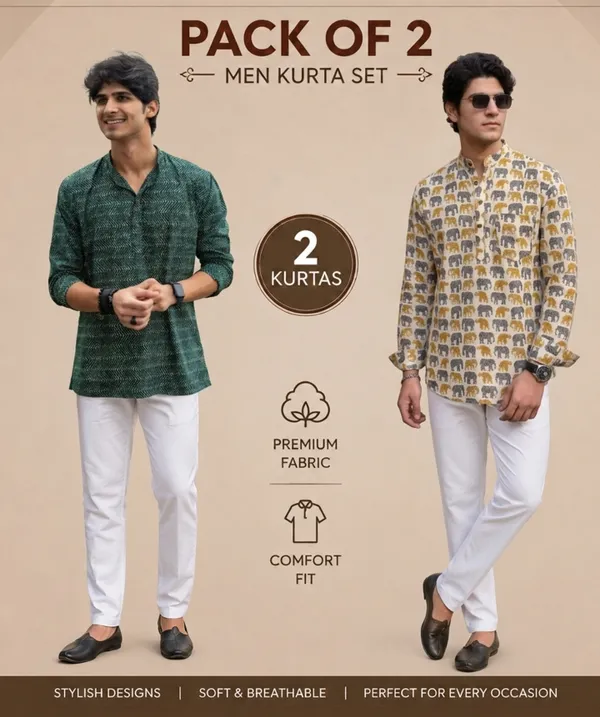 White_And_Green_Linen_Premium_Kurta_For_Men_(Pack_Of_2)