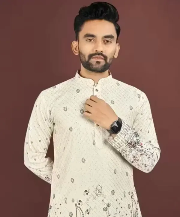Cream_Rayon_Embroidered_Kurta_For_Men