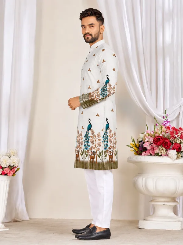 White_Rayon_Peacock_Print_Mandarin_Collar_Kurta_For_Men