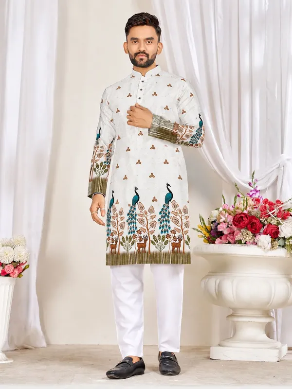 White_Rayon_Peacock_Print_Mandarin_Collar_Kurta_For_Men