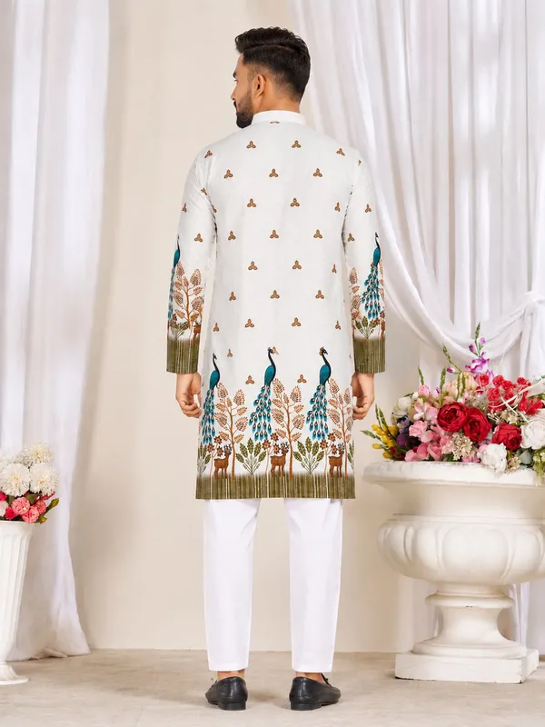 White_Rayon_Peacock_Print_Mandarin_Collar_Kurta_For_Men