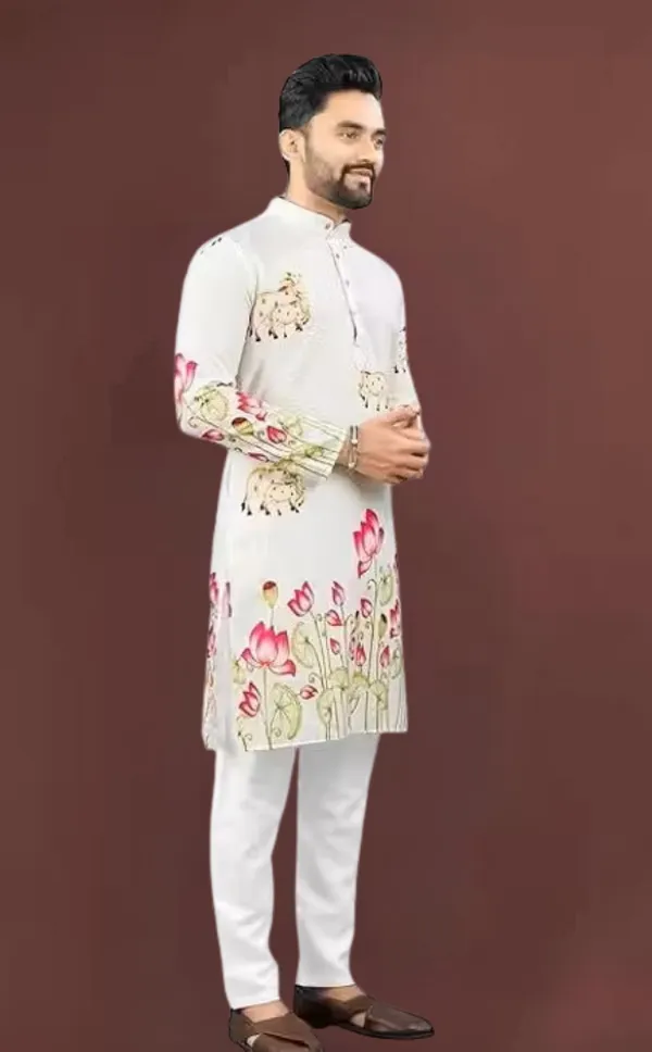 White_Rayon_Floral_Cow_Motif_Print_Kurta_For_Men