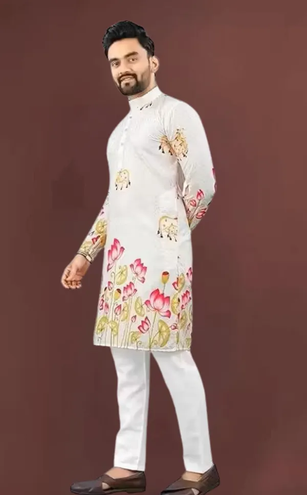 White_Rayon_Floral_Cow_Motif_Print_Kurta_For_Men