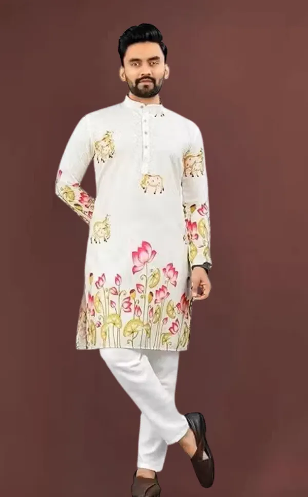 White_Rayon_Floral_Cow_Motif_Print_Kurta_For_Men