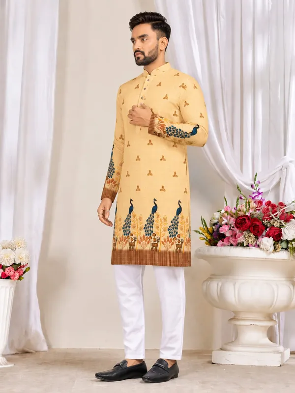 Yellow_Rayon_Peacock_Print_Mandarin_Collar_Kurta_For_Men