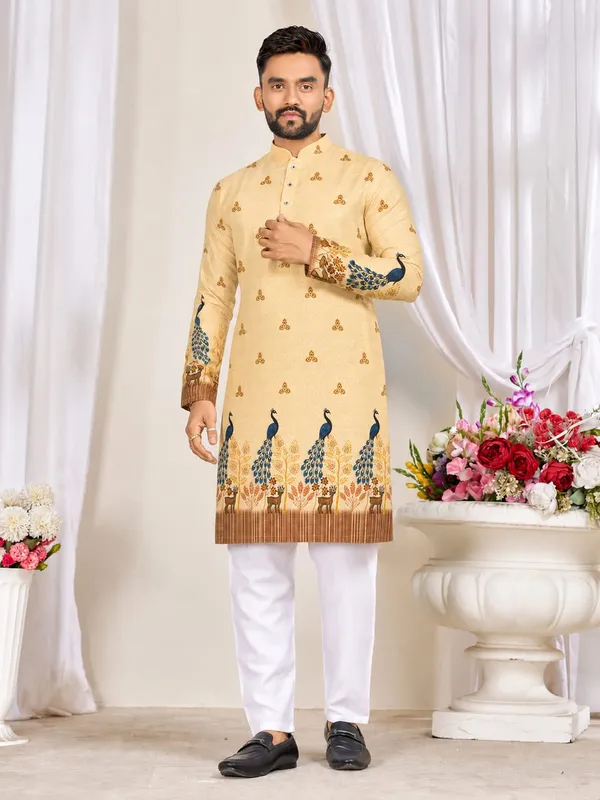Yellow_Rayon_Peacock_Print_Mandarin_Collar_Kurta_For_Men