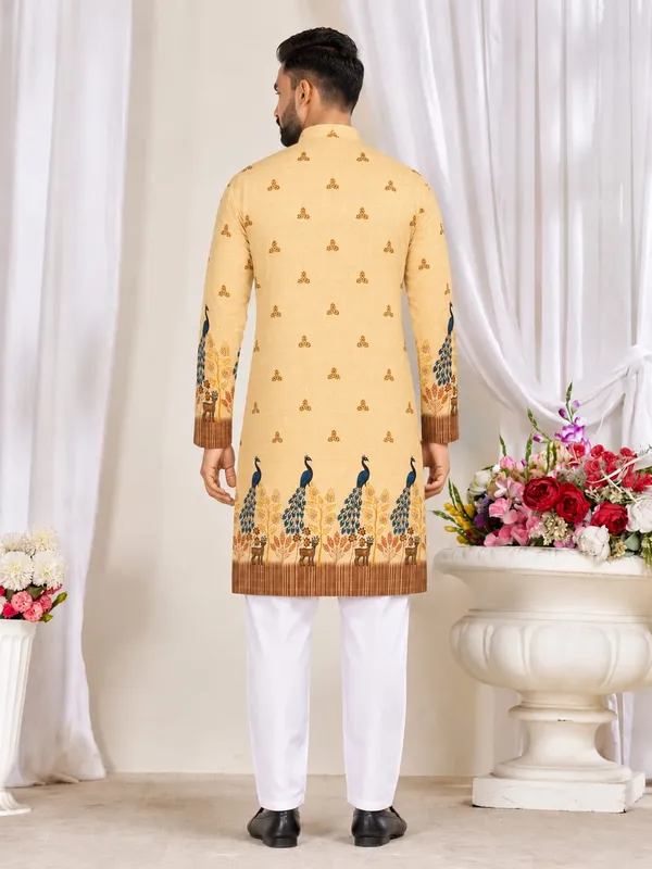 Yellow_Rayon_Peacock_Print_Mandarin_Collar_Kurta_For_Men