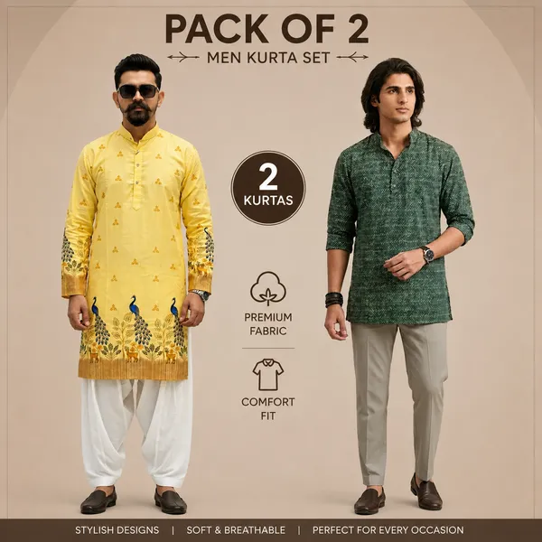 Yellow_And_Green_Rayon_Premium_Kurta_For_Men_(Pack_Of_2)