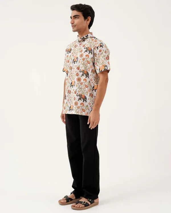 White_Linen_Elephant_Floral_Print_Short_Sleeve_Kurta_For_Men