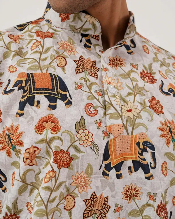White_Linen_Elephant_Floral_Print_Short_Sleeve_Kurta_For_Men