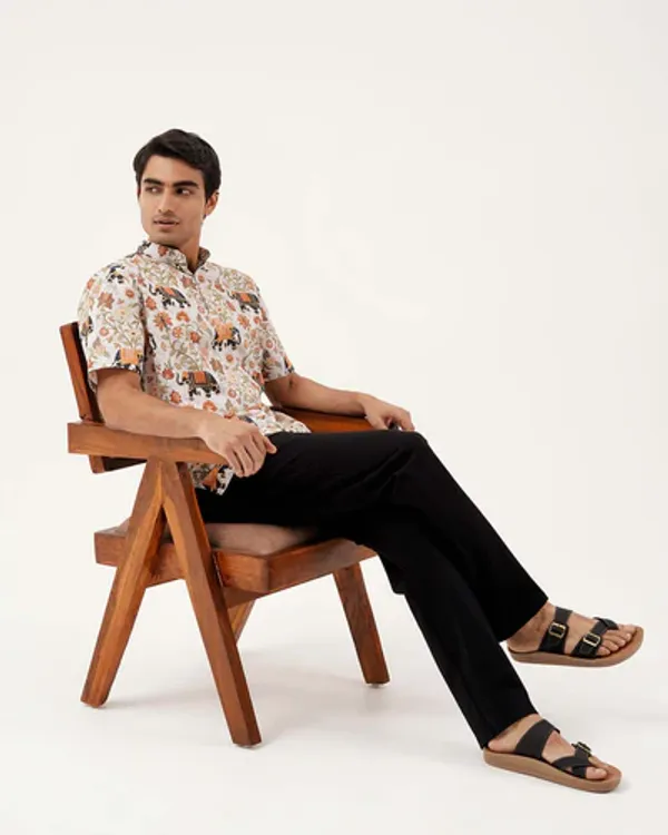 White_Linen_Elephant_Floral_Print_Short_Sleeve_Kurta_For_Men