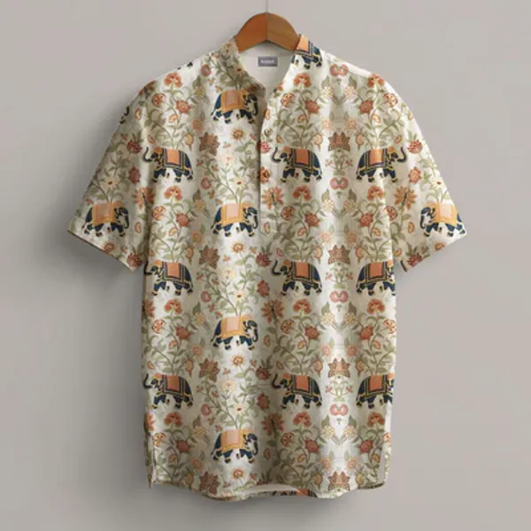 White_Linen_Elephant_Floral_Print_Short_Sleeve_Kurta_For_Men