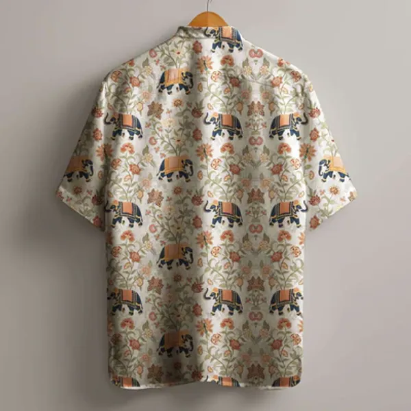 White_Linen_Elephant_Floral_Print_Short_Sleeve_Kurta_For_Men
