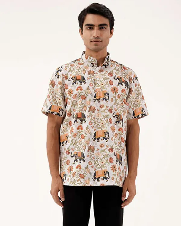 White_Linen_Elephant_Floral_Print_Short_Sleeve_Kurta_For_Men