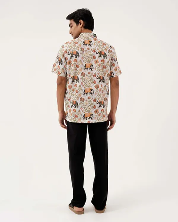 White_Linen_Elephant_Floral_Print_Short_Sleeve_Kurta_For_Men