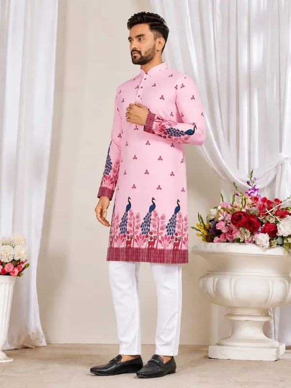 Pink_Rayon_Peacock_Motif_Print_Regular_Fit_Kurta_For_Men