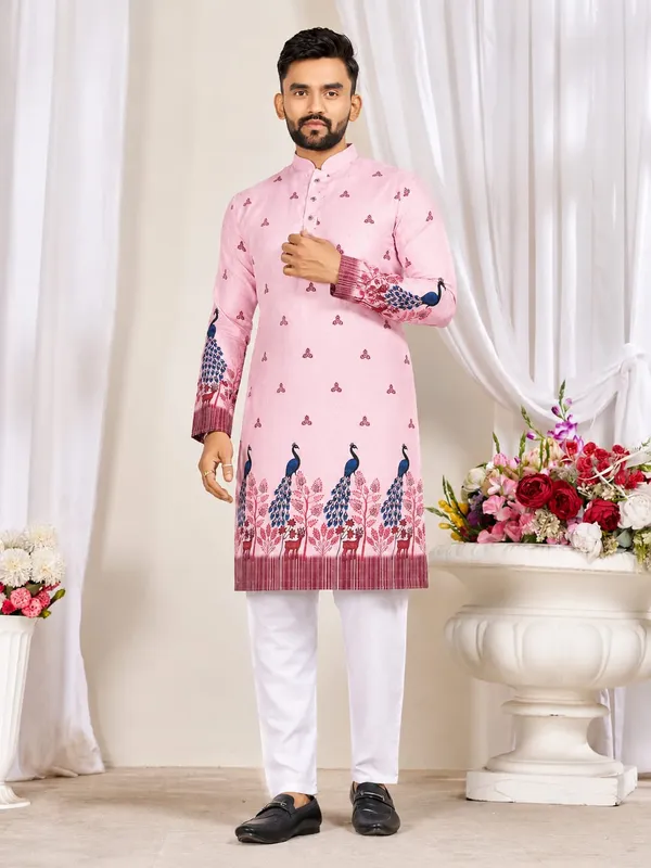 Pink_Rayon_Peacock_Motif_Print_Regular_Fit_Kurta_For_Men