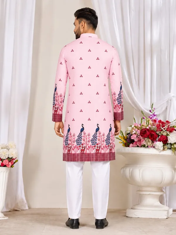 Pink_Rayon_Peacock_Motif_Print_Regular_Fit_Kurta_For_Men