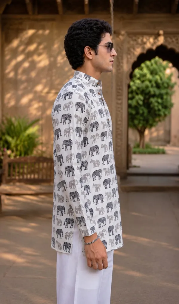 White_Linen_Elephant_Print_Mandarin_Collar_Kurta_For_Men