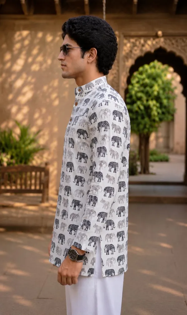 White_Linen_Elephant_Print_Mandarin_Collar_Kurta_For_Men