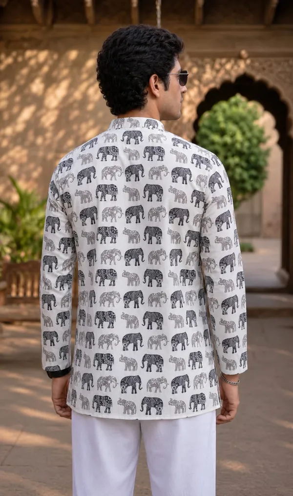 White_Linen_Elephant_Print_Mandarin_Collar_Kurta_For_Men