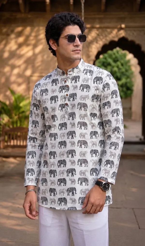 White_Linen_Elephant_Print_Mandarin_Collar_Kurta_For_Men