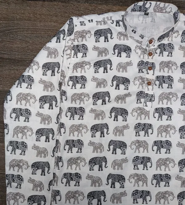 White_Linen_Elephant_Print_Mandarin_Collar_Kurta_For_Men