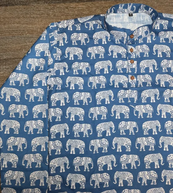 Blue_Linen_Elephant_Motif_Print_Mandarin_Collar_Kurta_For_Men
