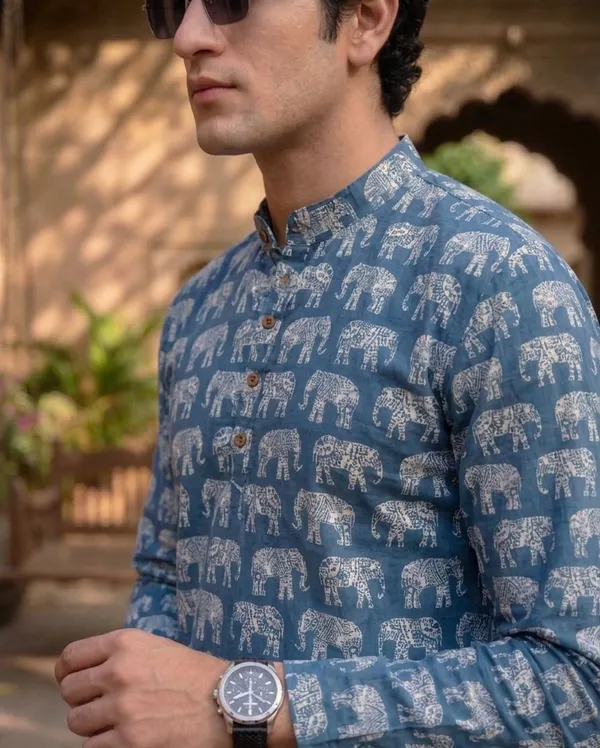 Blue_Linen_Elephant_Motif_Print_Mandarin_Collar_Kurta_For_Men