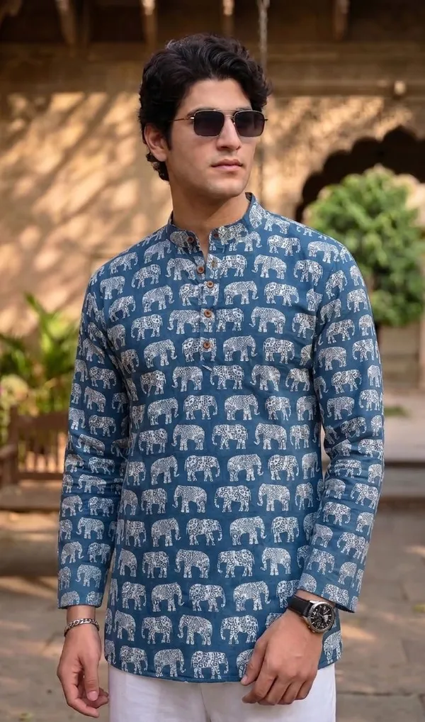 Blue_Linen_Elephant_Motif_Print_Mandarin_Collar_Kurta_For_Men