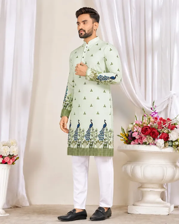 Green_Rayon_Peacock_Motif_Print_Mandarin_Collar_Kurta_For_Men