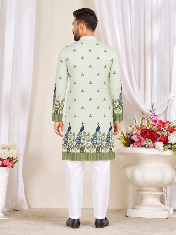 Green_Rayon_Peacock_Motif_Print_Mandarin_Collar_Kurta_For_Men