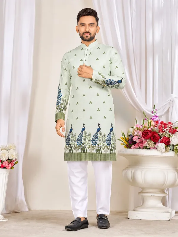 Green_Rayon_Peacock_Motif_Print_Mandarin_Collar_Kurta_For_Men
